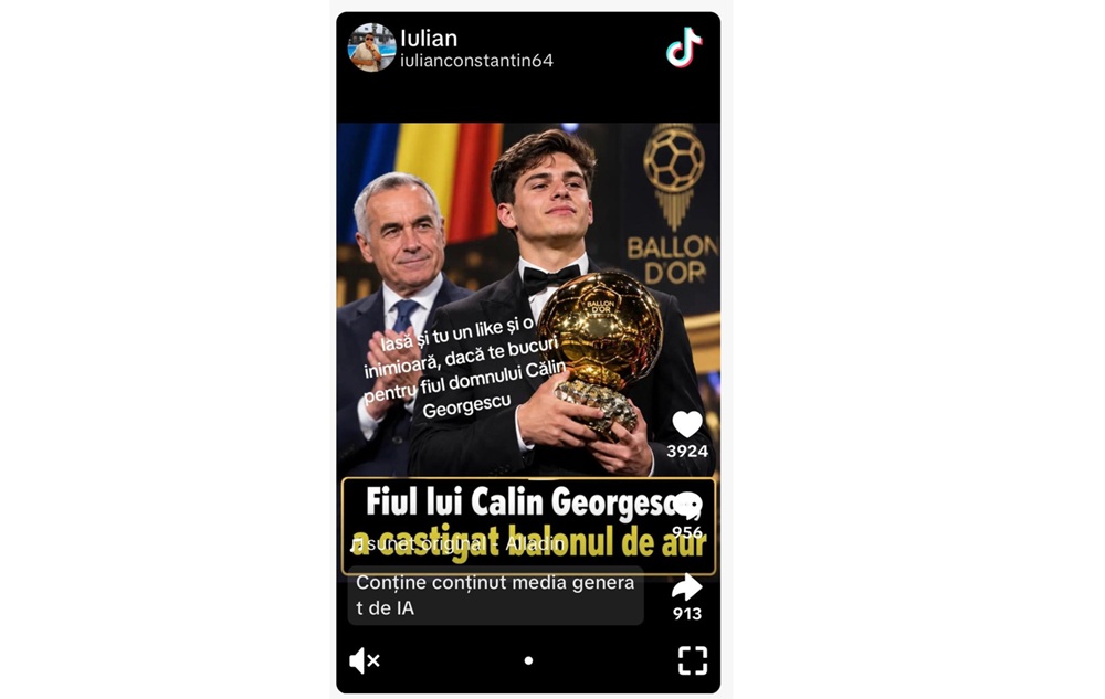 Postarea ironică a unui bărbat, care anunța că fiul lui Călin Georgescu ar fi câștigat Balonul de Aur, a devenit virală. Mii de oameni au distribuit imaginea de pe TikTok și au transmis mesaje de felicitare